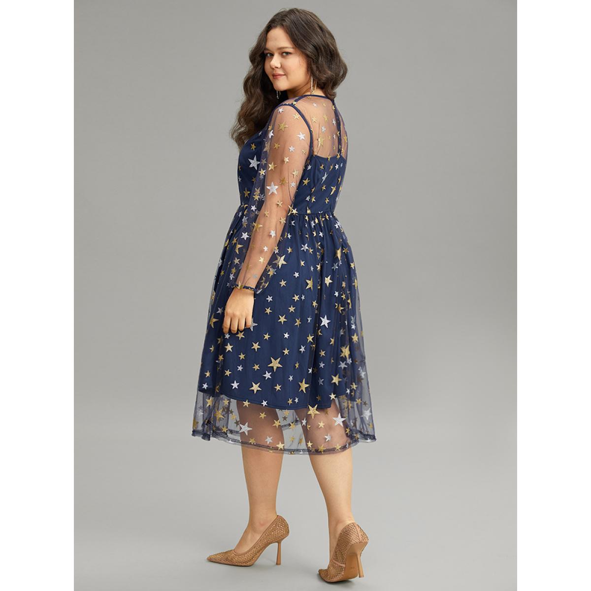 Plus Size Glitter Star Mesh Crew Neck Dress DarkBlue Women Cocktail Elastic cuffs Round Neck Long Sleeve Curvy Midi Dress BloomChic 18-20/2X Product Image