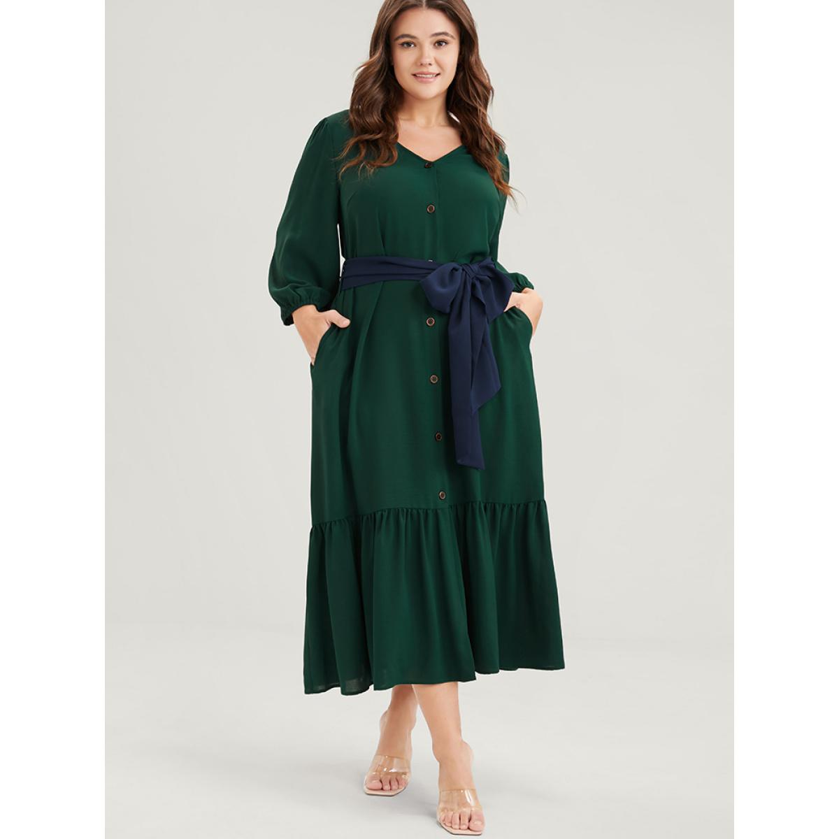 Plus Size Solid Lantern Sleeve Pocket Button Flutter Hem Contrast Belted Dress Green Women Casual Belted V-neck Elbow-length sleeve Curvy Long Dress BloomChic 28/5X Product Image