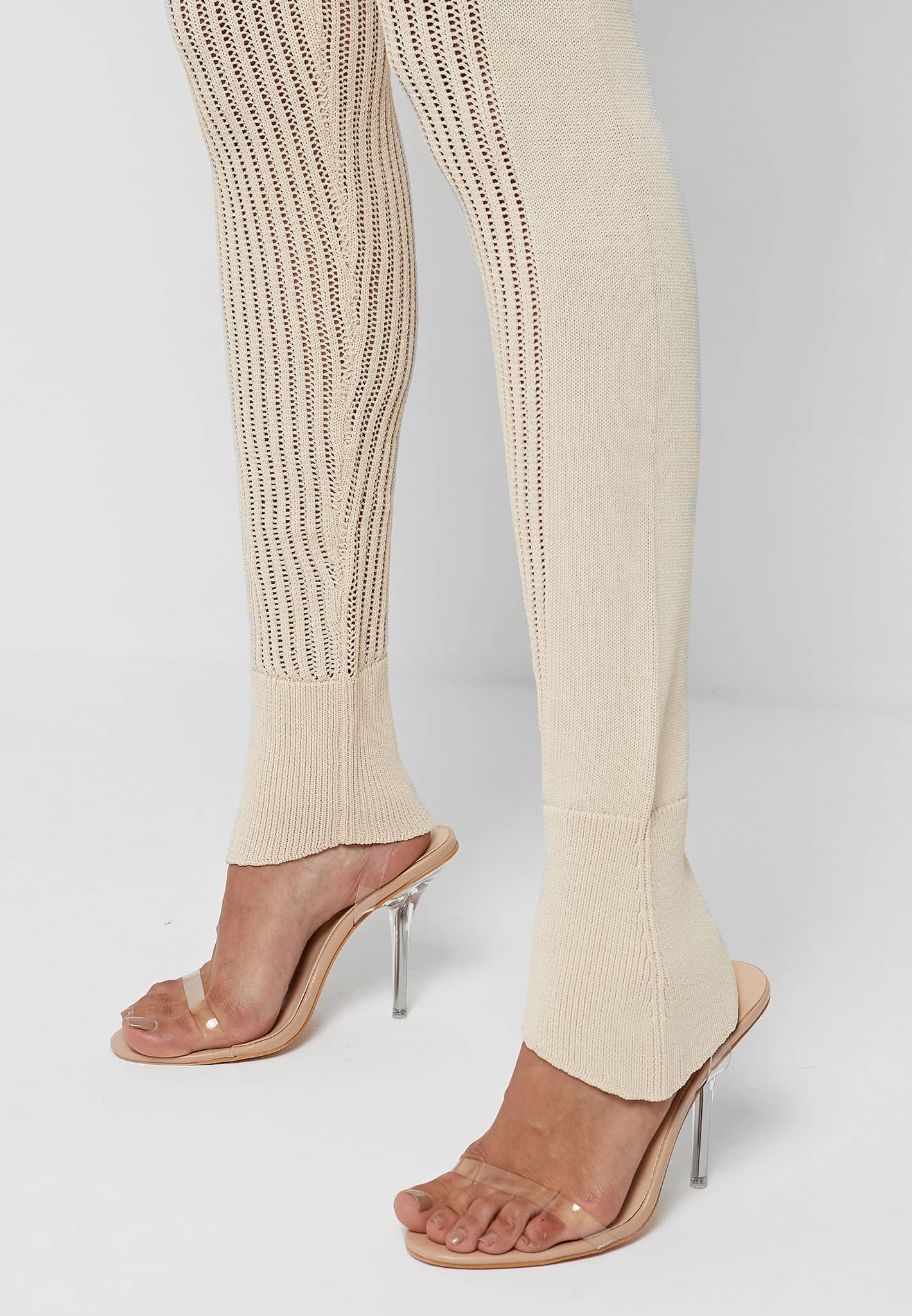 Knitted High Waisted Leggings - Beige Female Product Image