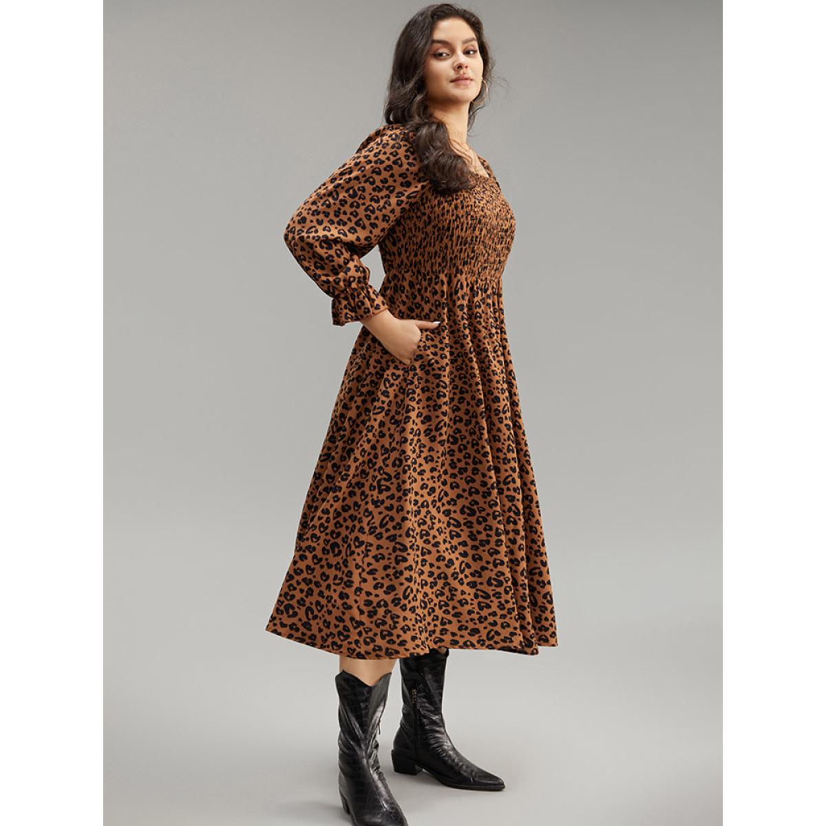 Plus Size Leopard Print Shirred Square Neck Pocket Dress Rust Women Casual Printed Square Neck Long Sleeve Curvy Midi Dress BloomChic 12/L Product Image