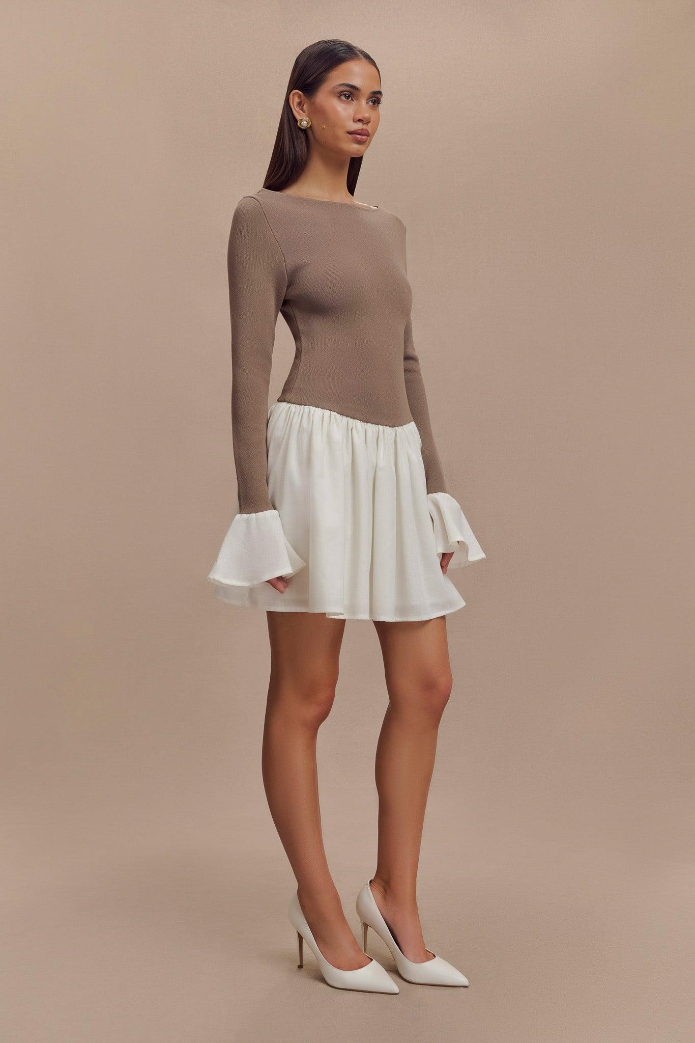 Sansa Knit And Linen Mini Dress - Smoke & Ivory Product Image