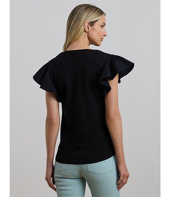 Lauren Ralph Lauren Cotton Blend V-Neck Lace Trim Tee Product Image