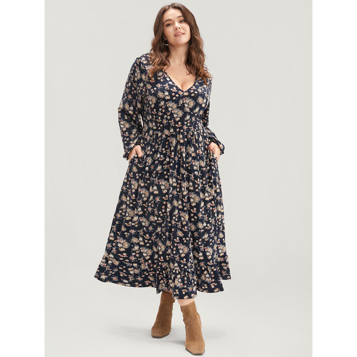Plus Size Ditsy Floral Pocket Lantern Sleeve Shirred Flutter Dress Indigo Women Elegant Elastic Waist V-neck Long Sleeve Curvy Midi Dress BloomChic 22-24/3X Product Image