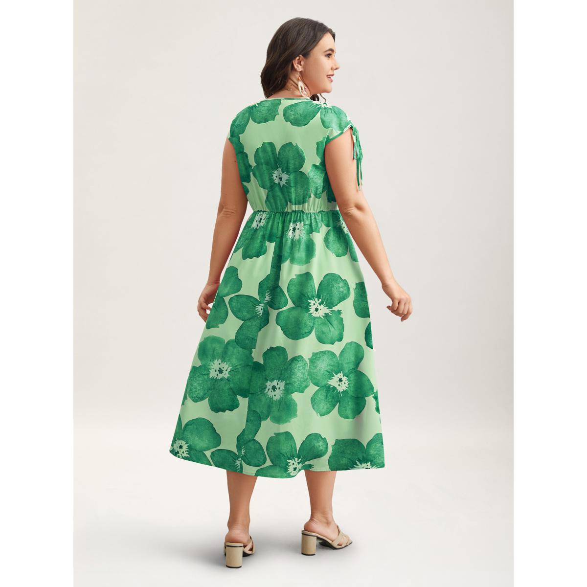 Plus Size Floral Print V-Neck Tied Midi Dress Greenbean Women Elegant Gathered V-neck Sleeveless Curvy BloomChic 10/M Product Image