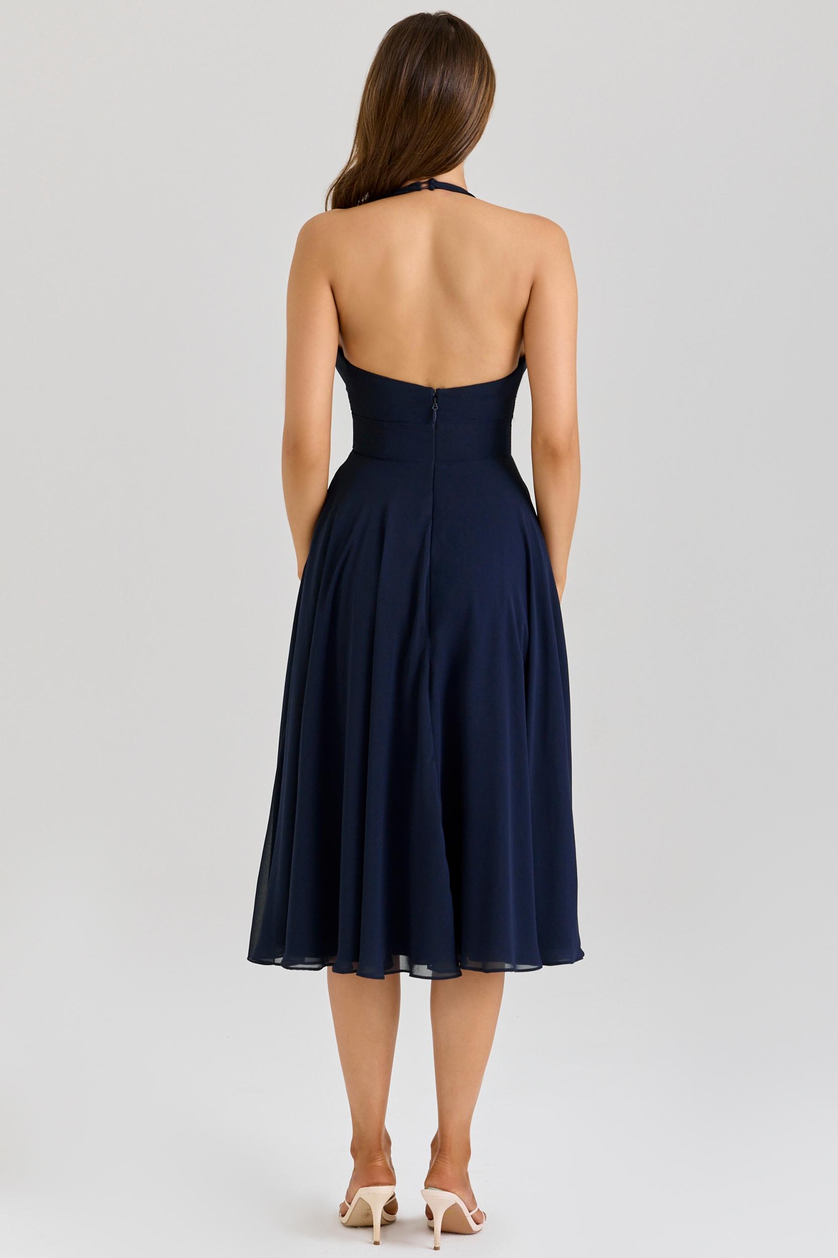 Solada  navy georgette halter midi dress Product Image