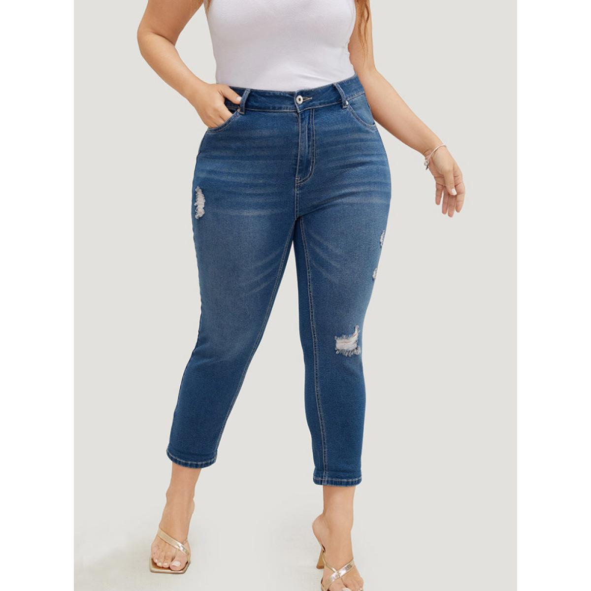 Plus Size Very Stretchy High Rise Dark Wash Ripped Detail Cropped Jeans Women Blue Casual Plain High stretch Jeans BloomChic 12/L Product Image