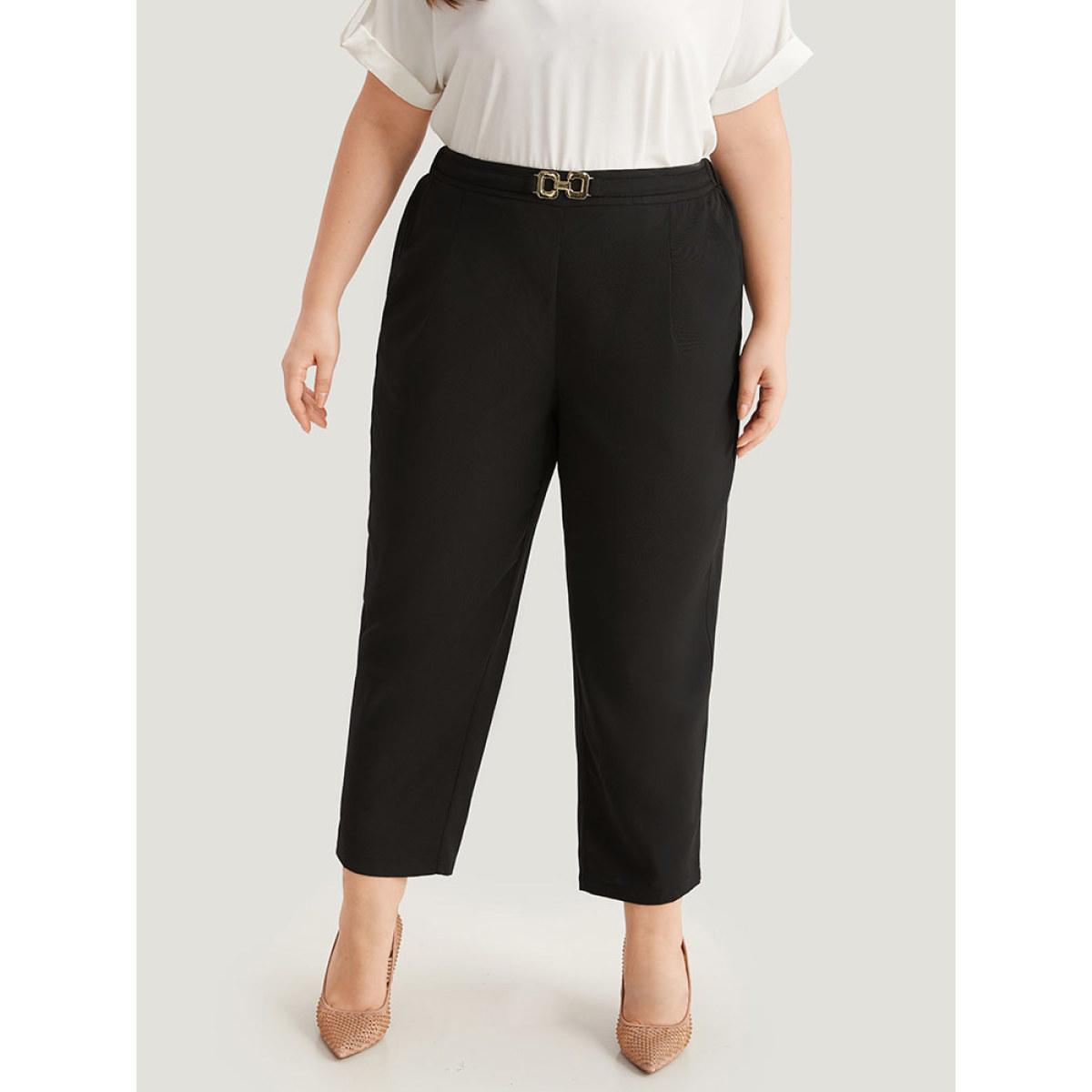 Plus Size Solid Metal Detail High Rise Straight Leg Pants Women Black Office Bodycon High Rise Office Pants BloomChic 26/4X Product Image