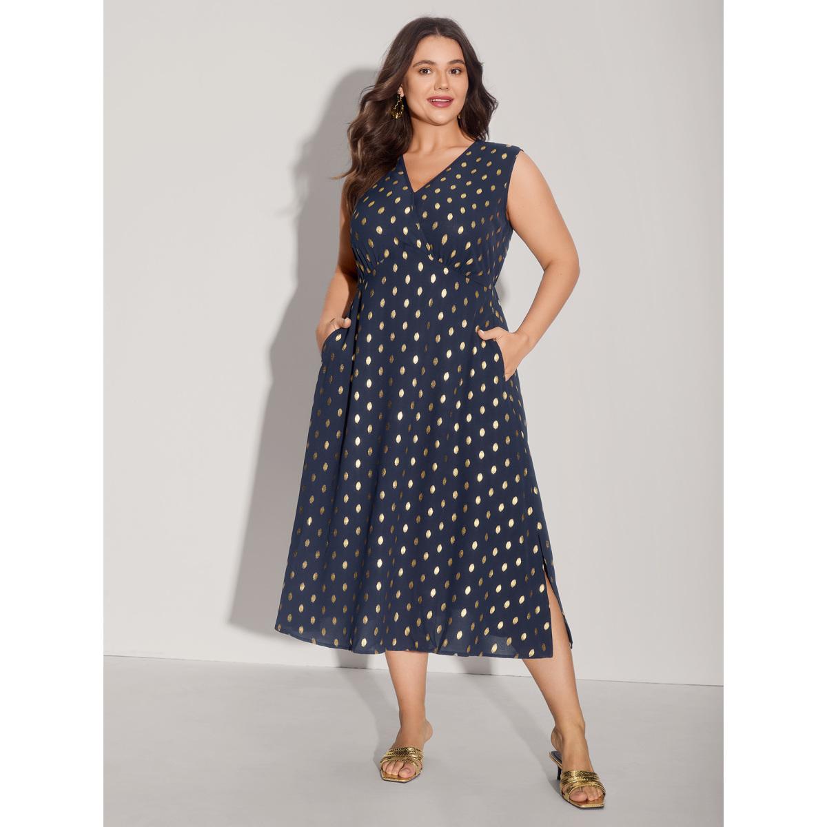 Plus Size Gold Polka Dots Waist-Defining Midi Dress Indigo Women Party&Cocktail Overlapping Overlap Collar Sleeveless Curvy BloomChic 12/L Product Image