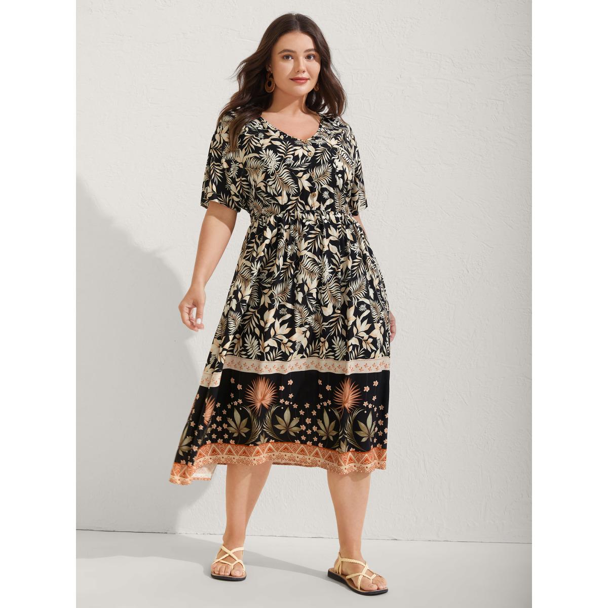 Plus Size Rayon Floral Print Button Detail Midi Dress BlackFlower Women V-neck Cap Sleeve Curvy BloomChic 18-20/2X Product Image