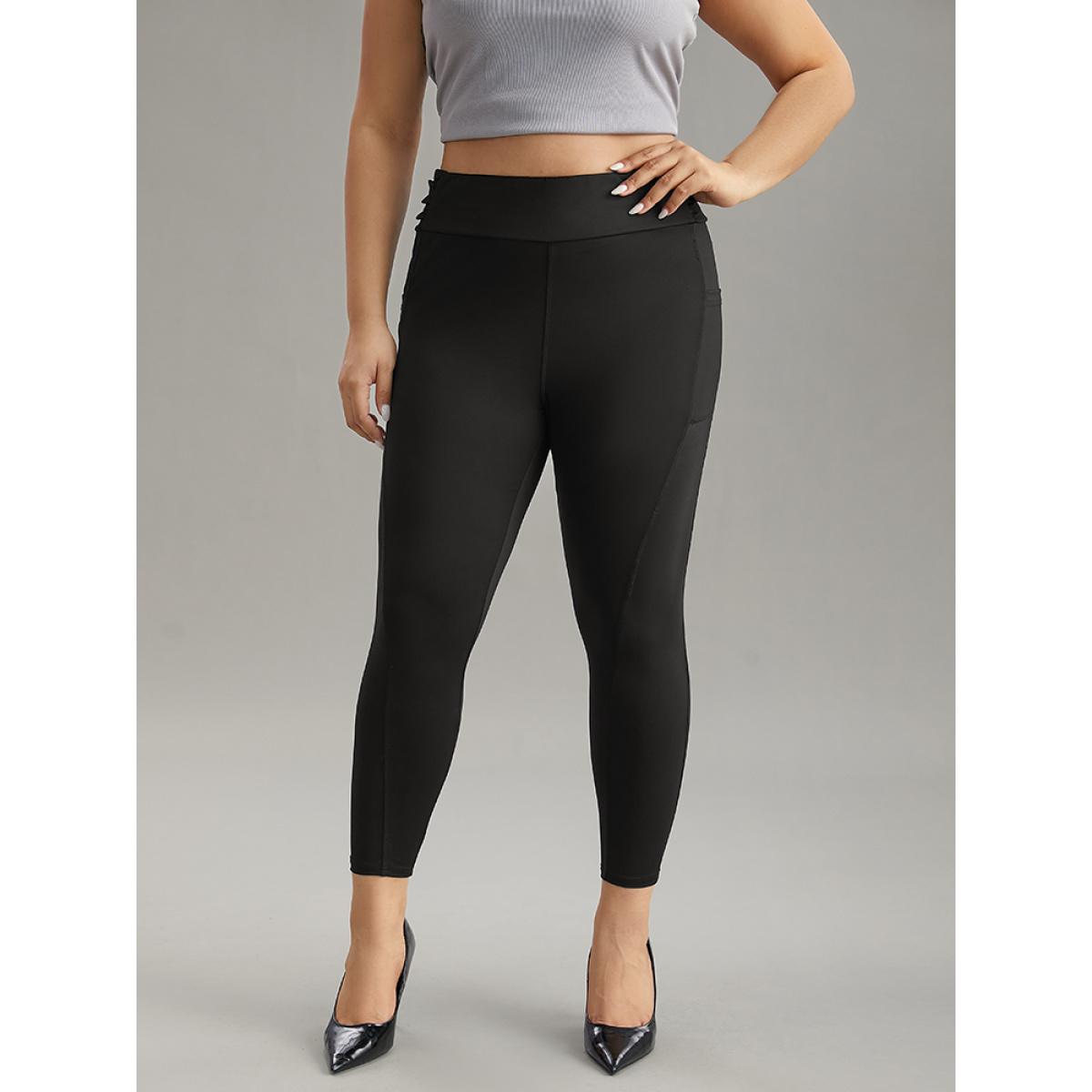 Plus Size Plain Ruched Side Pocket Wideband Waist Leggings Women Black Casual High stretch Skinny High Rise Dailywear Leggings BloomChic 14-16/1X Product Image