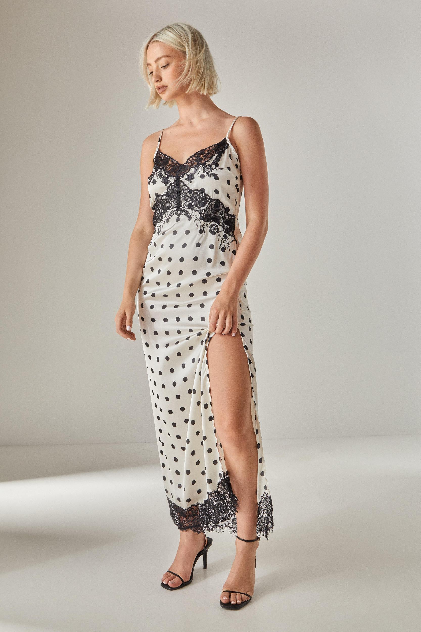 Satin Polka Dot Lace Trim Maxi Dress Product Image