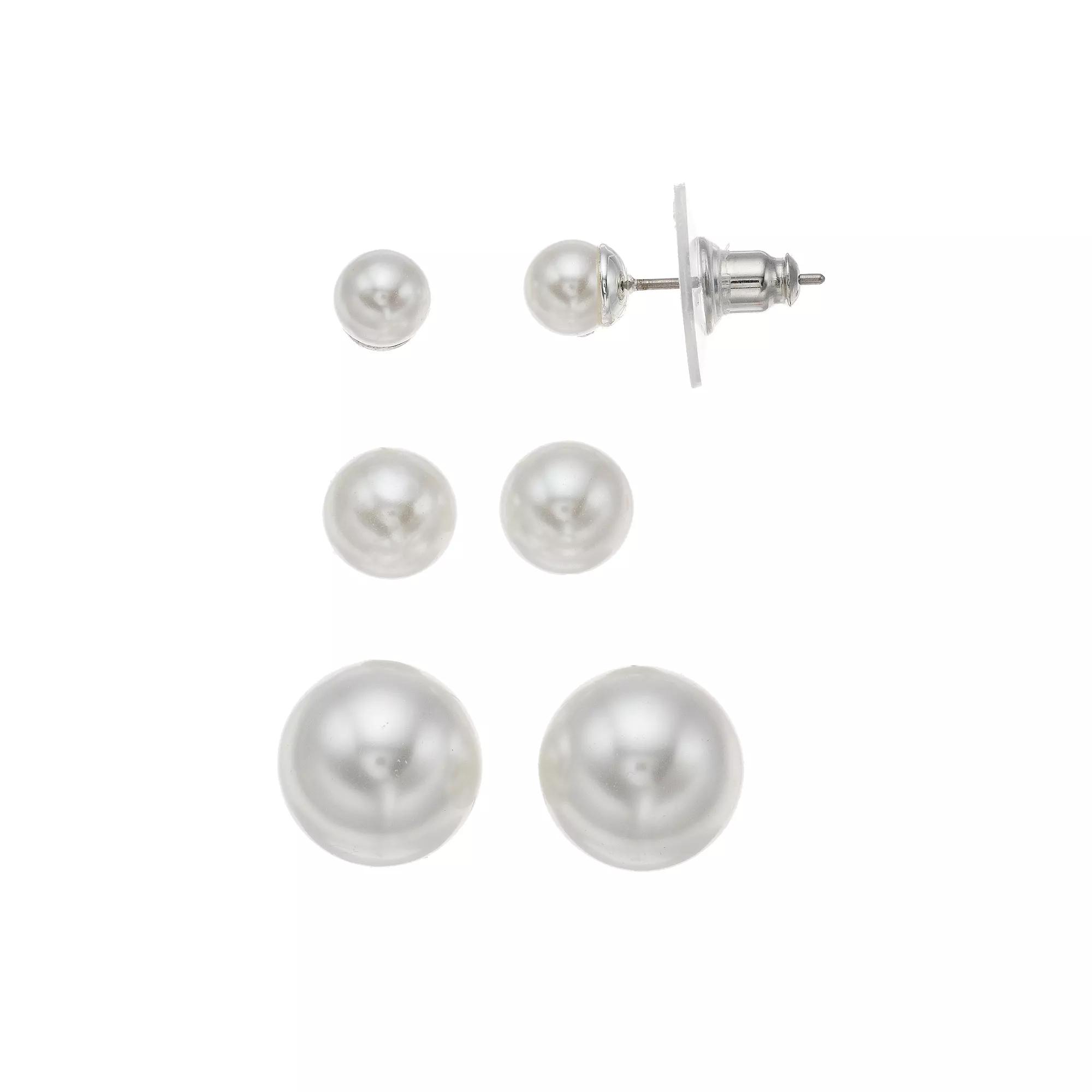 Silver Tone Simulated Pearl Stud Earring Set, Women's, White Product Image