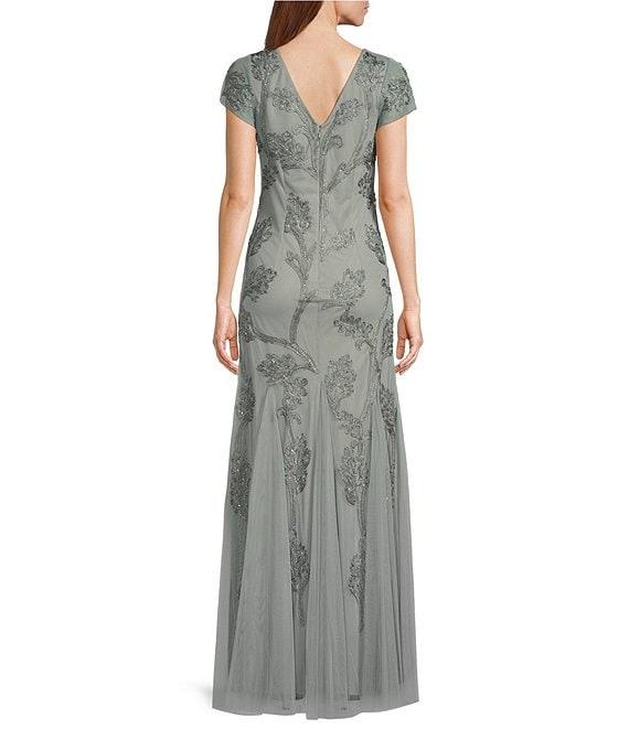 Marina Power Mesh V-Neck Cap Sleeve Soutache Vine Beading Sheath Gown Product Image