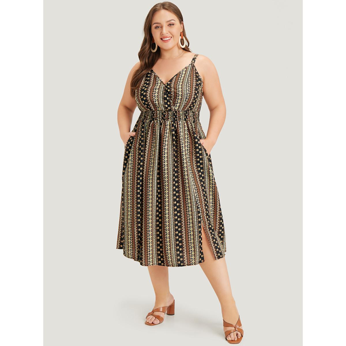 Plus Size Bandana Print Shirred Pocket Split Wrap Cami Dress DarkBrown Women Vacation Adjustable Straps Spaghetti Strap Sleeveless Curvy Midi Dress BloomChic 30/6X Product Image