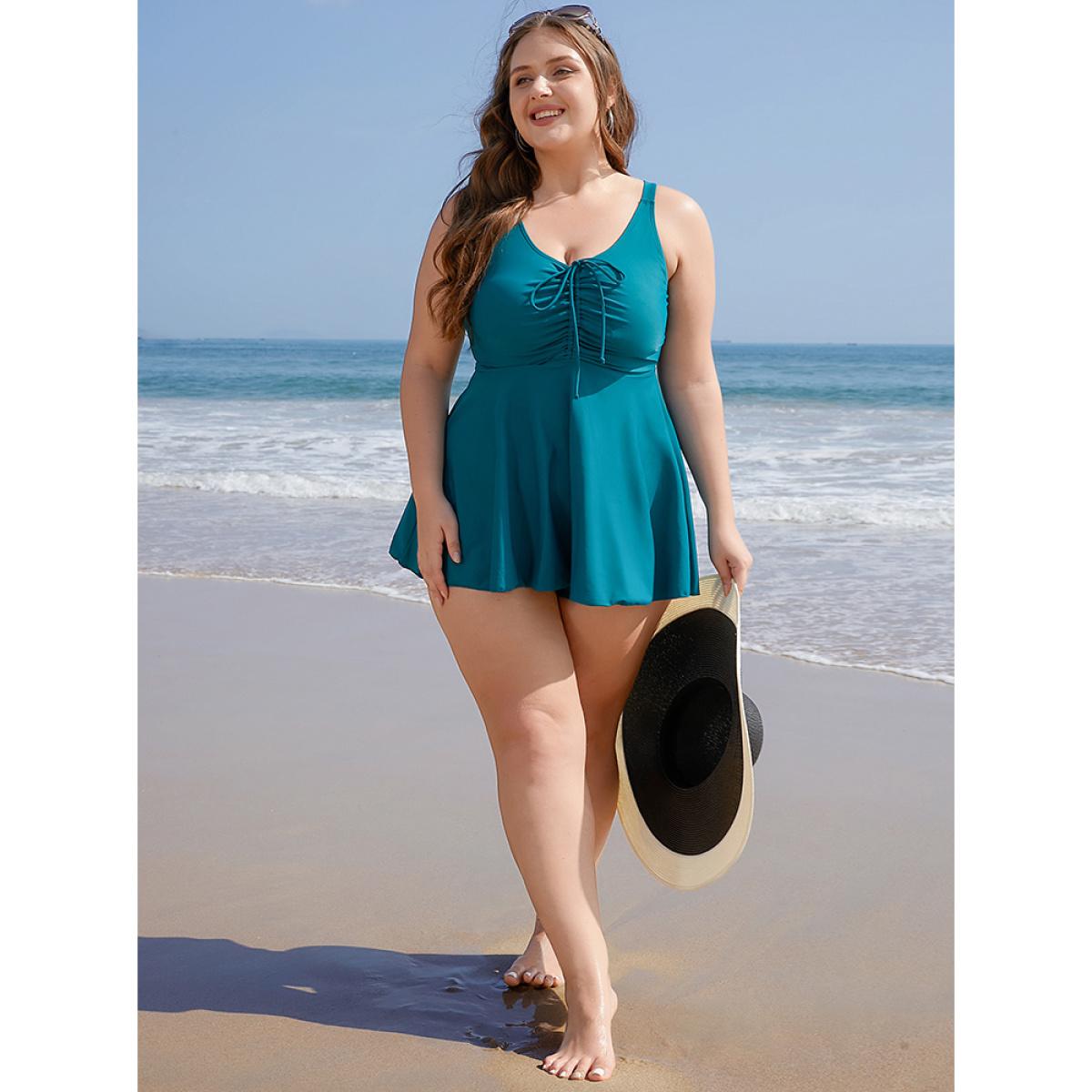 Plus Size Drawstring Adjustable Straps Ruffle Hem Swim Dress Women's Swimwear Teal Vacation Bodycon V-neck High stretch Curve Swim Dresses BloomChic 18-20/2X Product Image