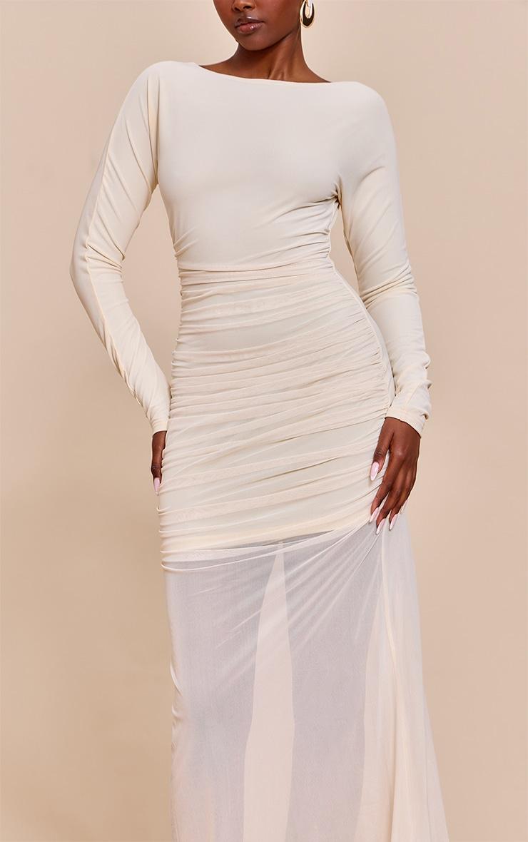 Cream Ruched Long Sleeve Maxi Dress Product Image