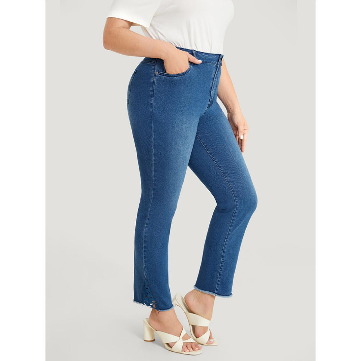 Plus Size Very Stretchy High Rise Medium Wash Lace Insert Raw Hem Jeans Women Indigo Casual Plain Patchwork High stretch Side seam pocket Jeans BloomChic 10/M Product Image