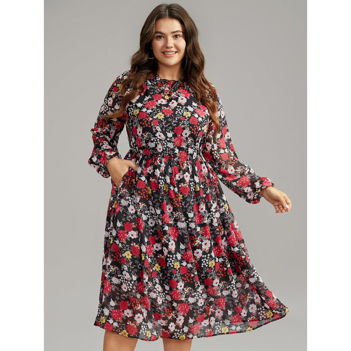 Plus Size Chiffon Floral Print Shirred Elastic Cuffs Dress Black Women Elegant Elastic cuffs Mock Neck Long Sleeve Curvy Midi Dress BloomChic 22-24/3X Product Image