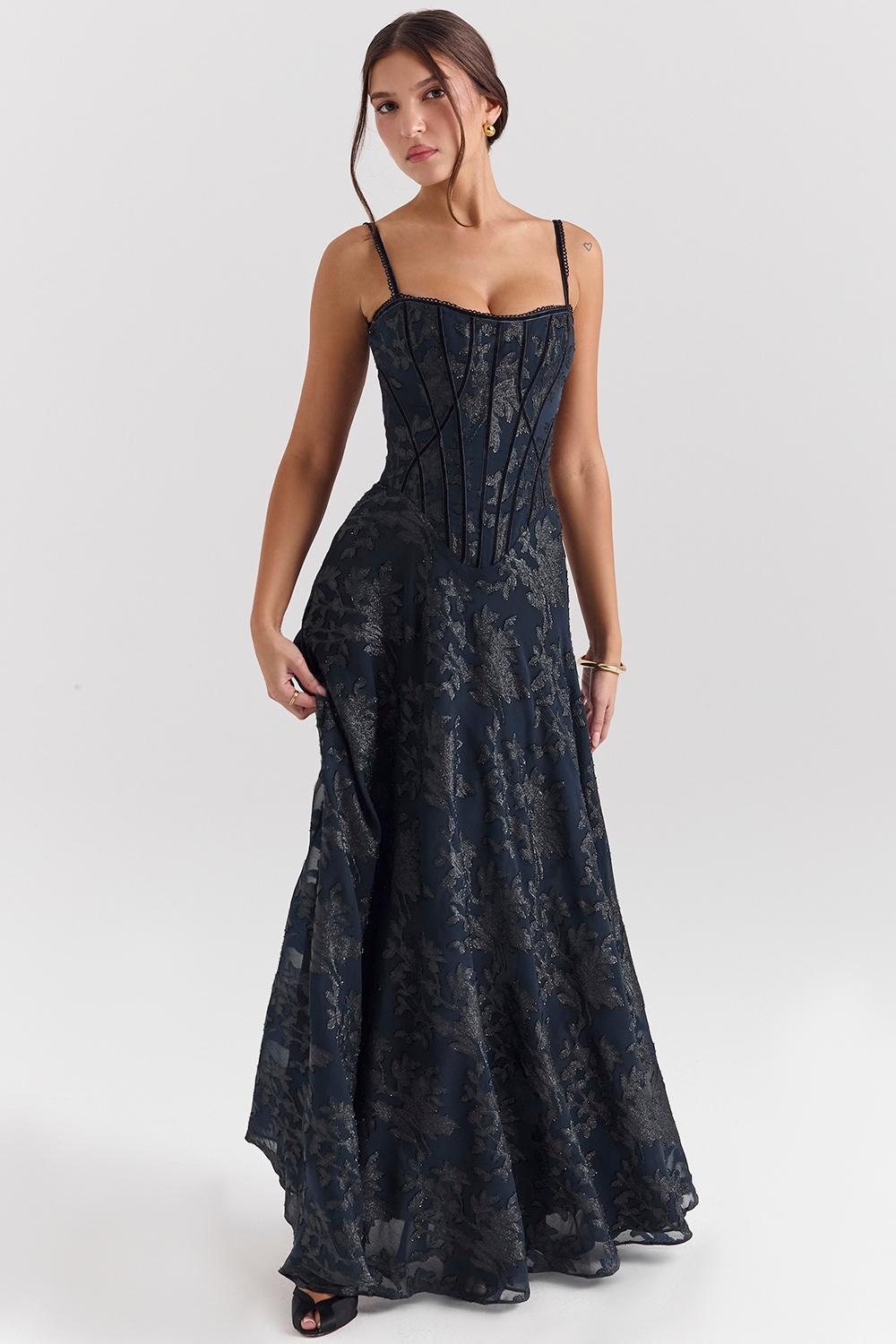 Esme  midnight blue lurex chiffon maxi dress Product Image