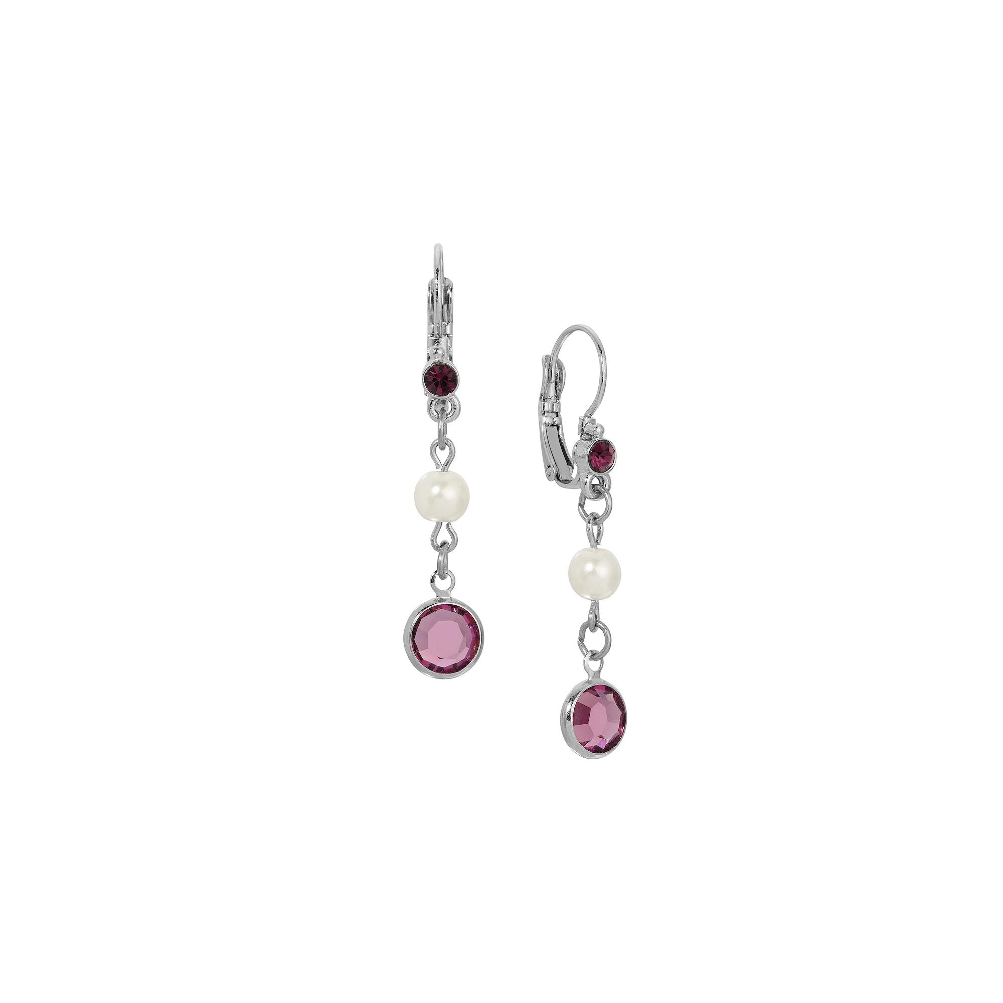 1928 Silver Tone Faux Pearl & Round Purple Gemstone Leverback Drop Earrings, Womens Product Image