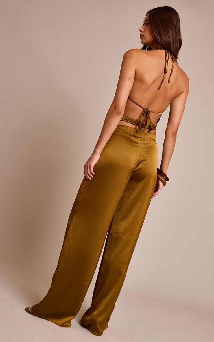 Dark Chartreuse Crinkle Satin High Waisted Wide Leg Pants Product Image