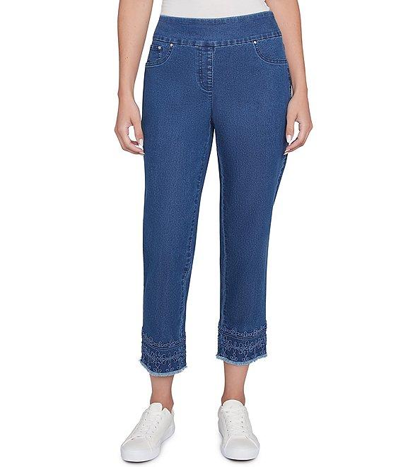 Ruby Rd. Straight Leg Embroidered Frayed Hem Pull-On Ankle Jeans Product Image