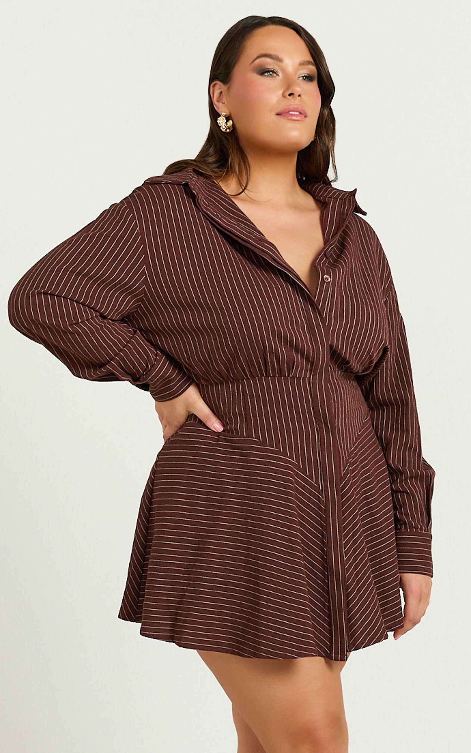 Whitney Mini Dress - Linen Long Sleeve Shirt Dress in Chocolate Pinstripe Product Image
