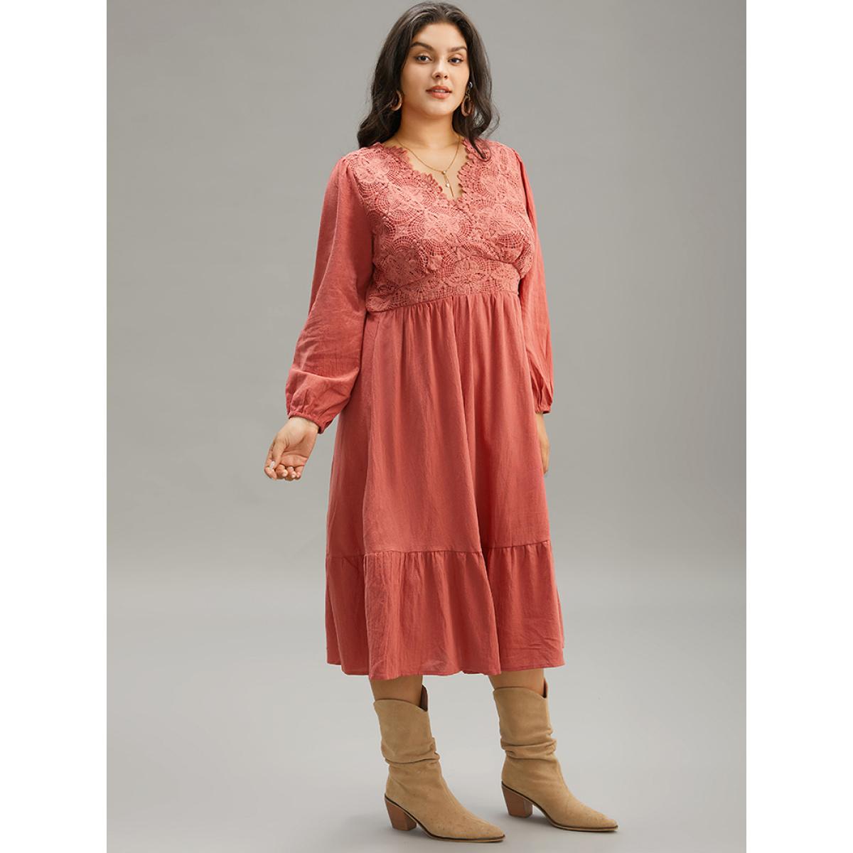 Plus Size Solid Lace Panel Wrap Patchwork Dress Rust Women Vacation Elastic cuffs V-neck Long Sleeve Curvy Midi Dress BloomChic 14-16/1X Product Image