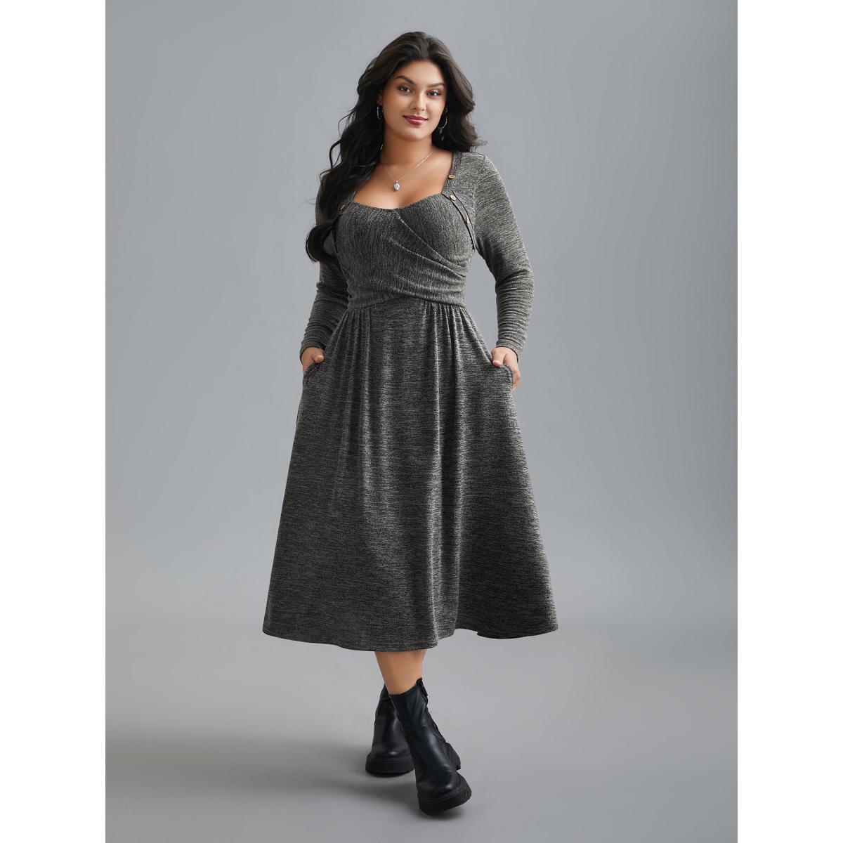 Plus Size Heart Neckline Button Detailing Crossover Fit Dress DimGray Women Casual Gathered Knit Dresses Bloomchic 22-24/3X Product Image
