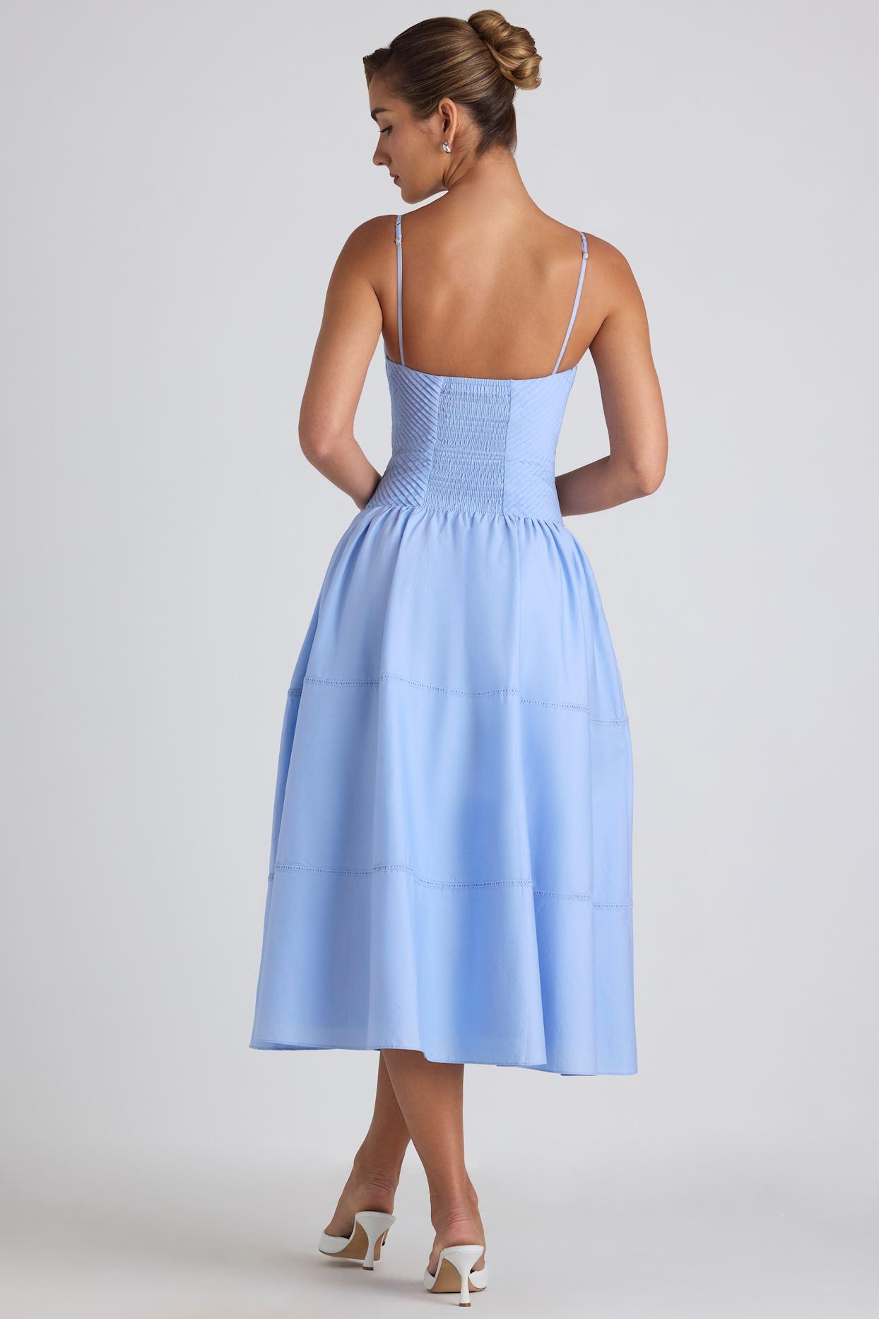 Lace-Trim Pintucked Poplin Midaxi Dress in Sky Blue Product Image