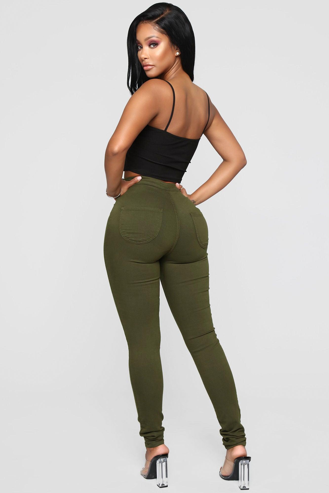 Super High Waist Denim Skinnies - Olive Product Image