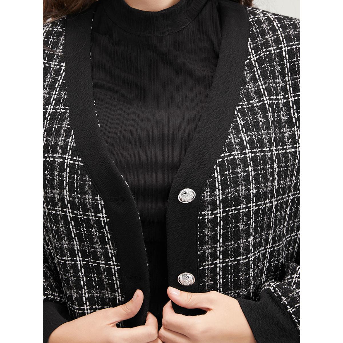 Plus Size Contrast Trim Pocket Button Up Plaid Tweed Coat Women Black Office Ladies Office Winter Coats BloomChic 28/5X Product Image