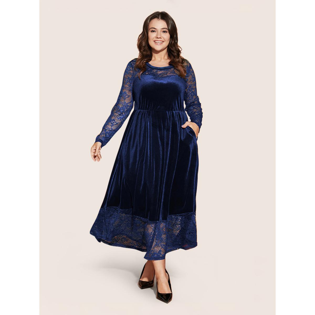 Plus Size Solid Contrast Lace Pocket Round Neck Velvet Dress DarkBlue Women Glamour Lace Round Neck Long Sleeve Curvy Midi Dress BloomChic 30/6X Product Image