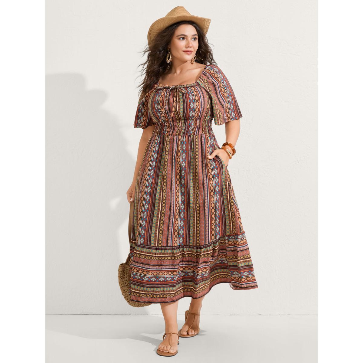 Plus Size Striped Cinched-Waist Midi Dress Yellowishbrown Women Boho Tie knot Square Neck Half Sleeve Curvy BloomChic 22-24/3X Product Image
