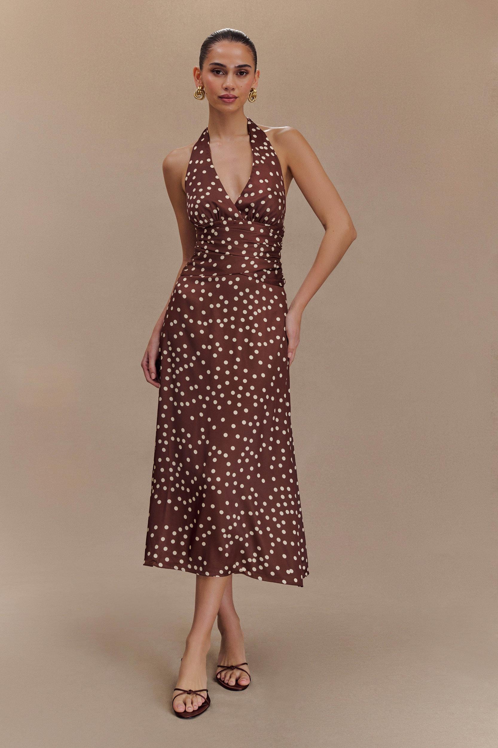 Marguerite Satin Halter Midi Dress - Brown Polka Dot Print Product Image