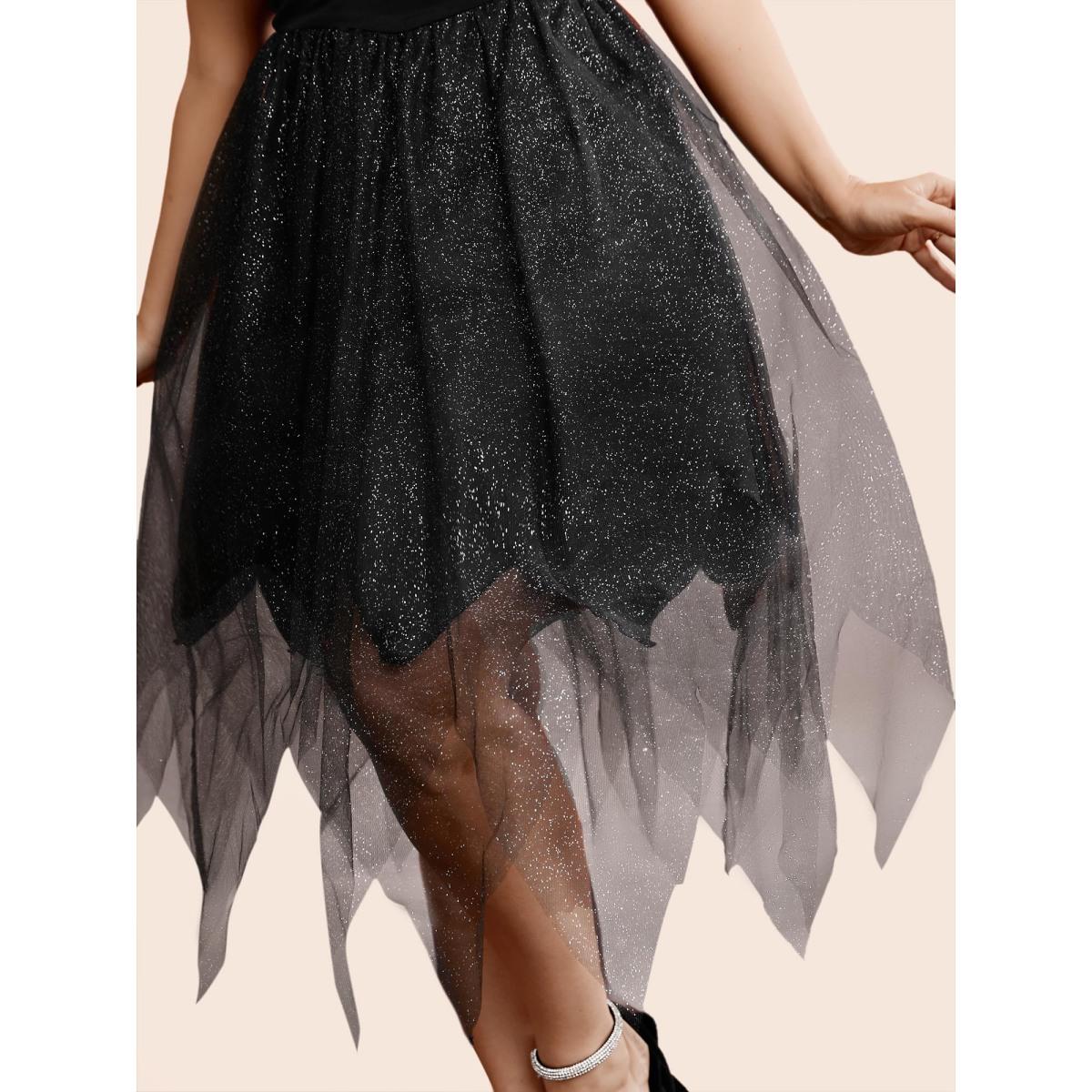 Plus Size Enchanted Shiny Mesh Petal Hem Midi Dress Black Women Cocktail Texture Party Curvy Bloomchic 14-16/1X Product Image