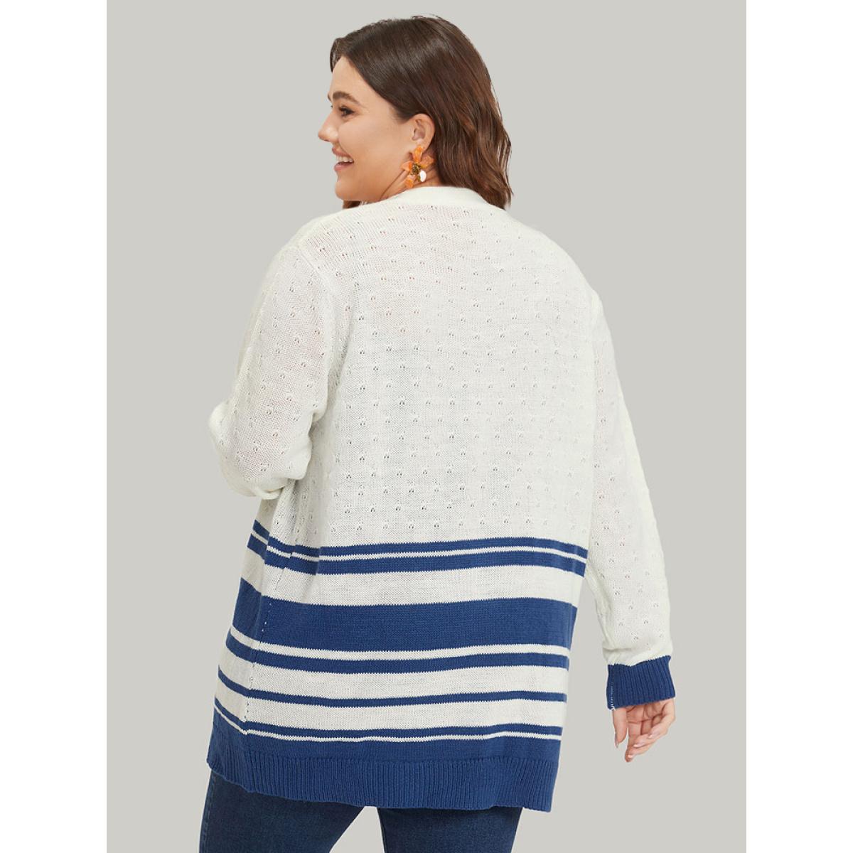 Plus Size Striped Open Front Contrast Elastic Cuffs Cardigan Ivory Women Casual Loose Long Sleeve Dailywear Cardigans BloomChic 22-24/3X Product Image