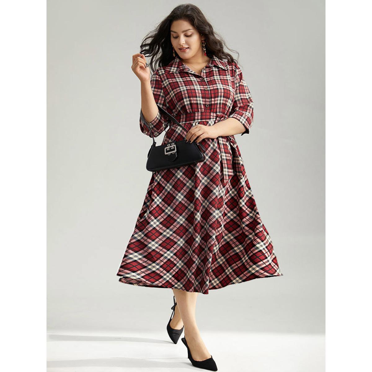 Plus Size Christmas Plaid Shirt Collar Button Up Belted Dress Burgundy Women Office Belted Shirt collar Elbow-length sleeve Curvy Midi Dress BloomChic 30/6X Product Image