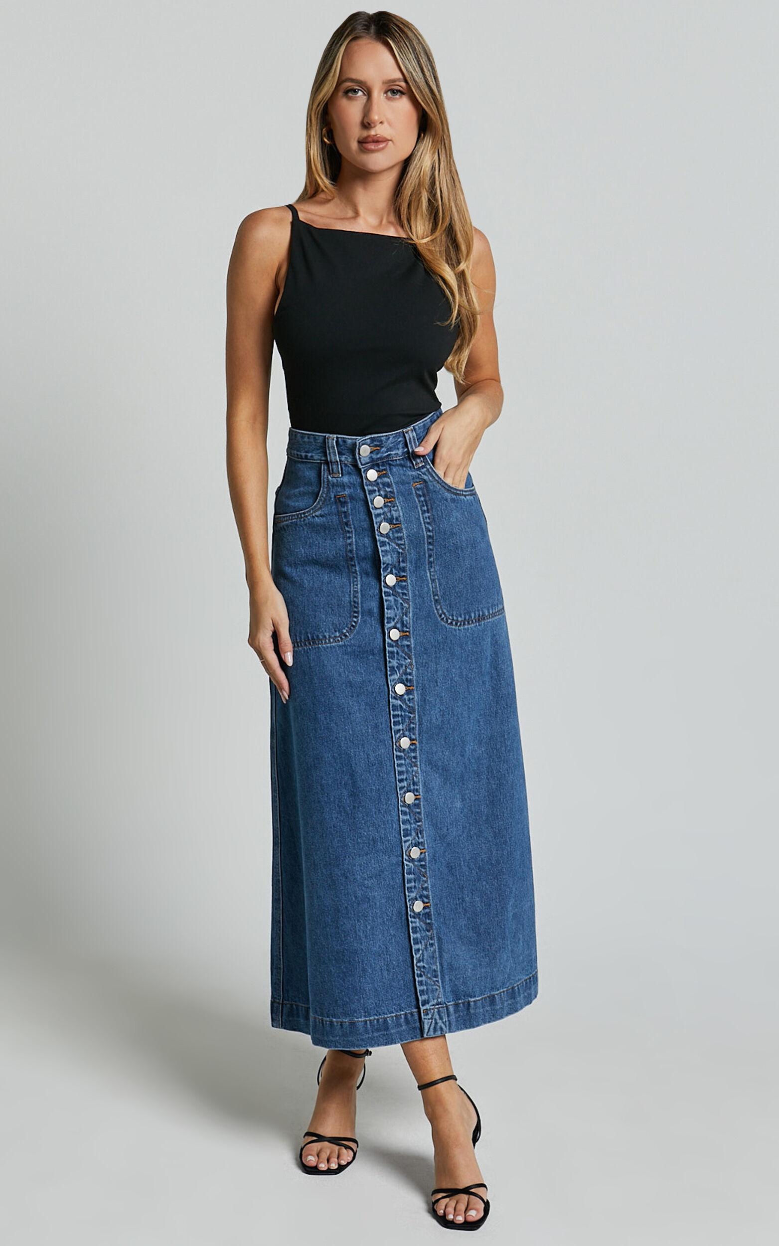 Alisa Midi Skirt - Button Through A Line Denim Skirt in Dark Blue Wash Product Image