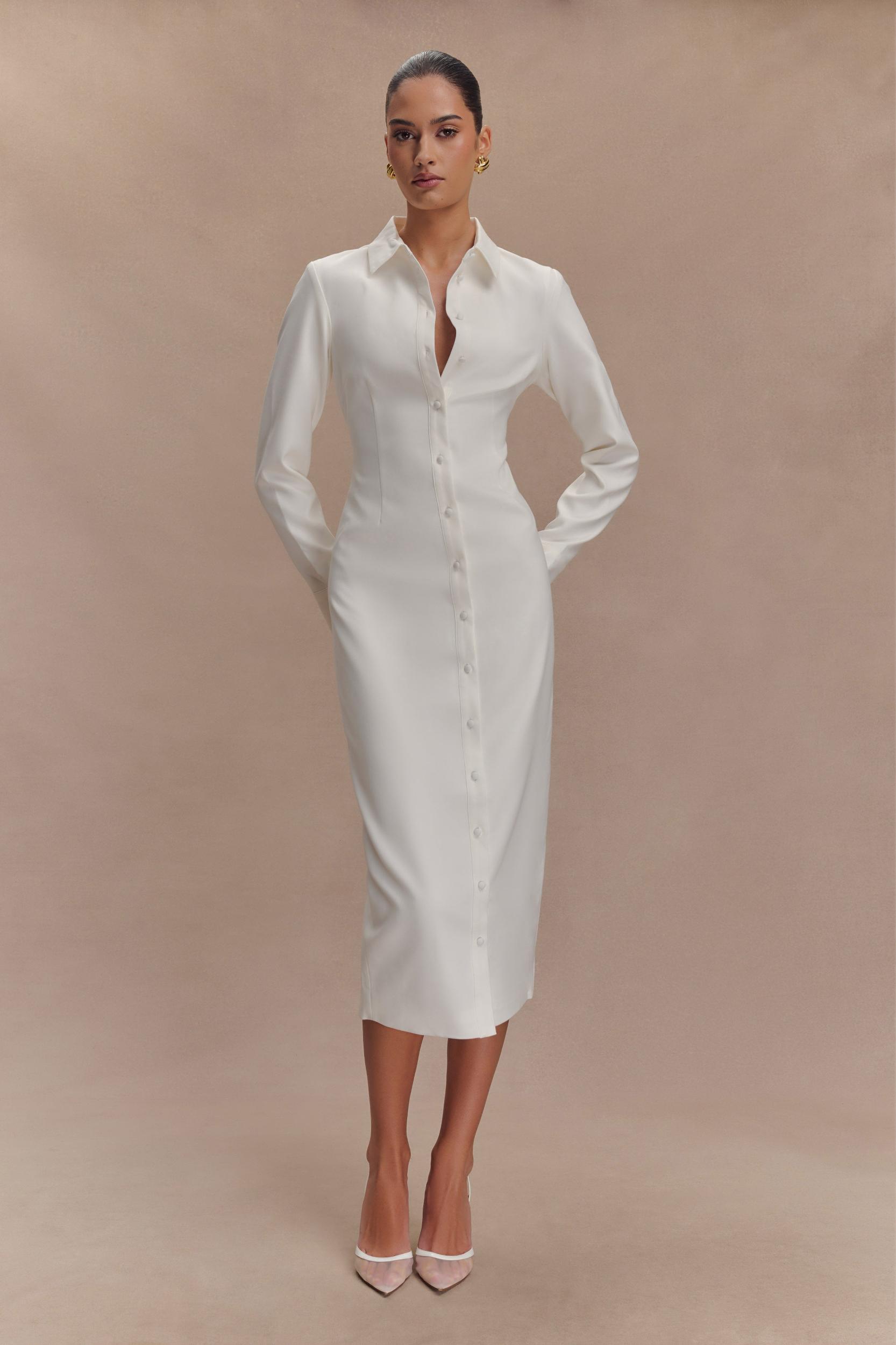 Dorian Fitted Shirt Midi Dress - White Product Image