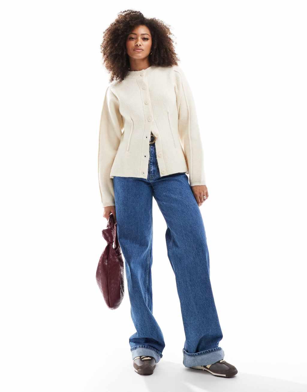 ASOS DESIGN sculpted crew neck cardigan in cream Product Image