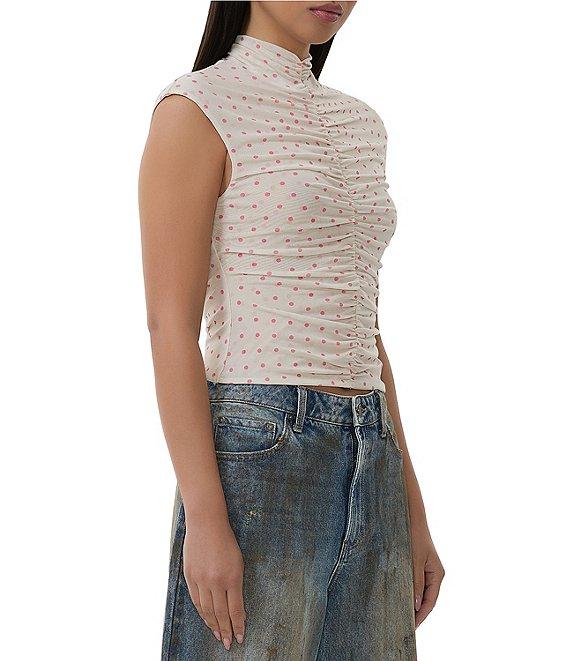 AFRM Jolie Dot Print Mesh Knit Ruched Mock Neck Short Sleeve Top Product Image