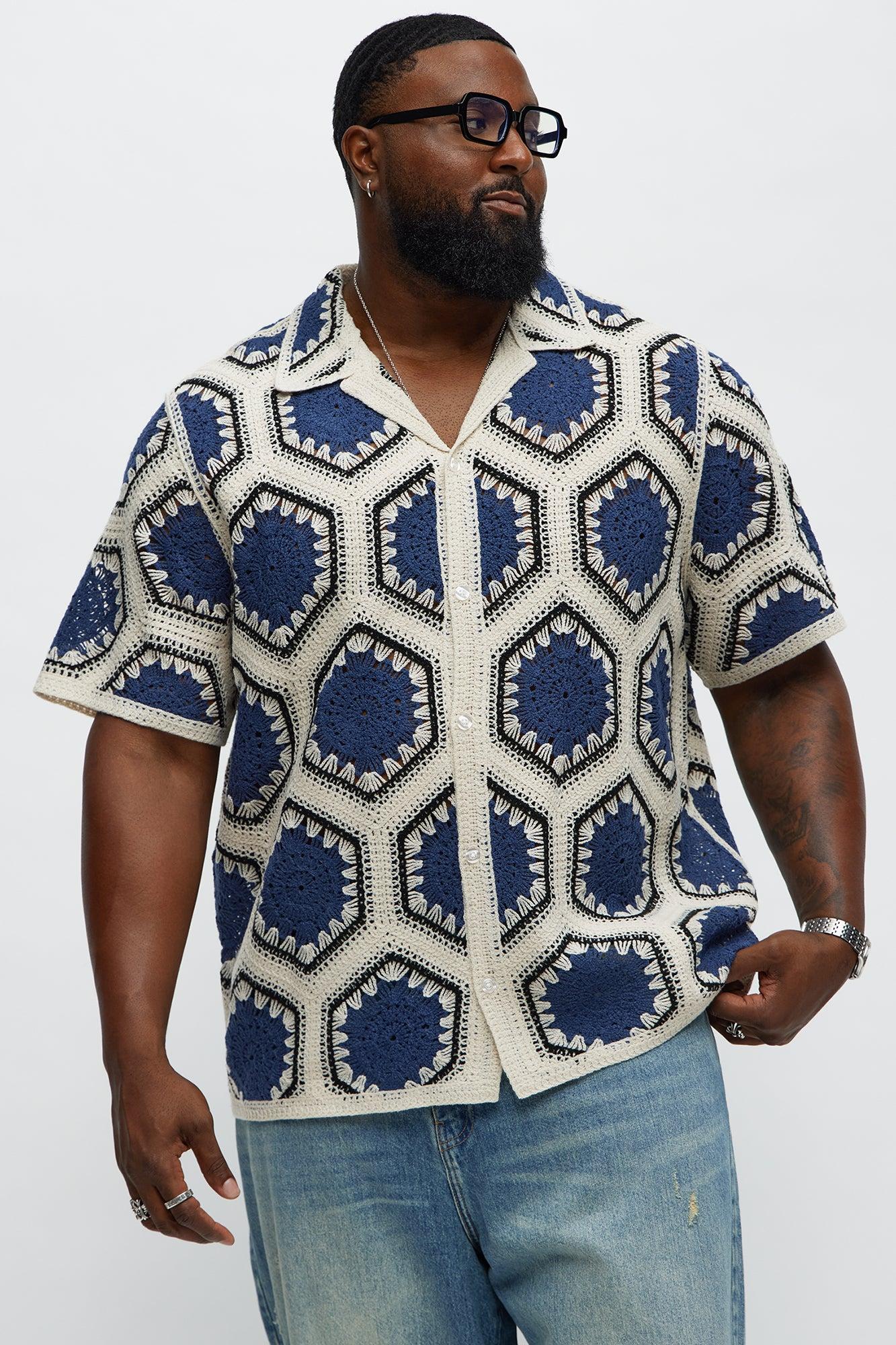 Vacay Vibes Crochet Button Up Shirt - Navy/combo Male Product Image