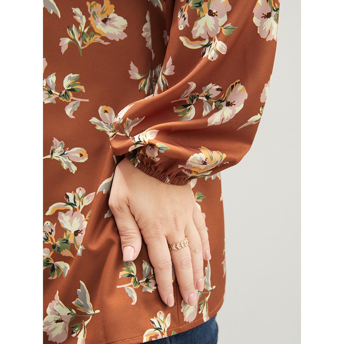 Plus Size Bronze Floral V Neck Ruffles Trim Lantern Sleeve Blouse Women Elegant Long Sleeve V-neck Dailywear Blouses BloomChic 30/6X Product Image