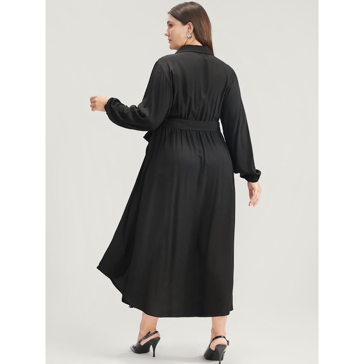 Plus Size Striped Contrast Pocket Button Detail Belted Dress Black Women Office Pocket Shirt collar Long Sleeve Curvy Long Dress BloomChic 28/5X Product Image