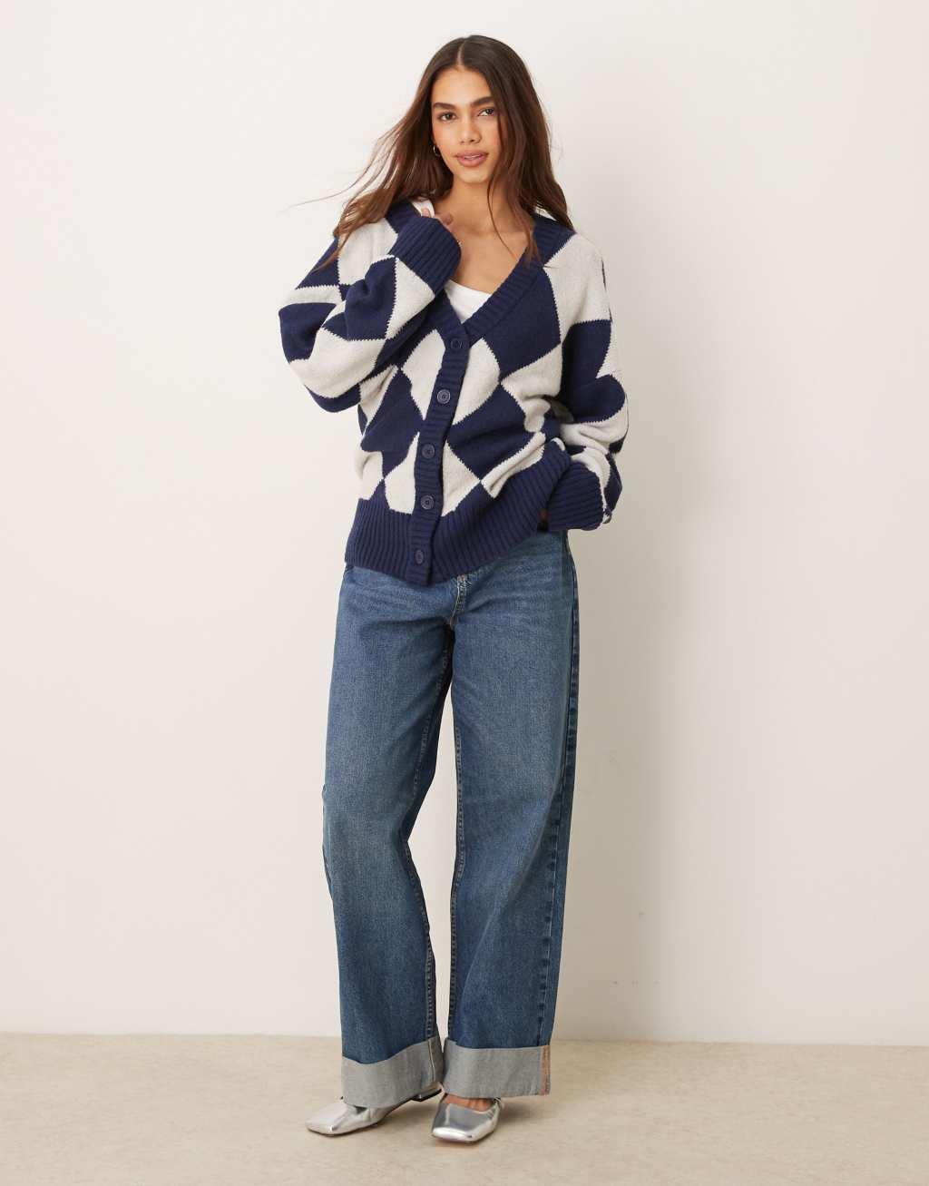 Neon Rose argyle longline cardigan in navy Product Image