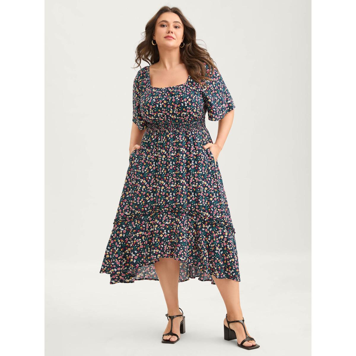 Plus Size Micro Floral Shirred Asymmetrical Midi Dress Navy Women Shirred Square Neck Short sleeve Curvy BloomChic 22-24/3X Product Image