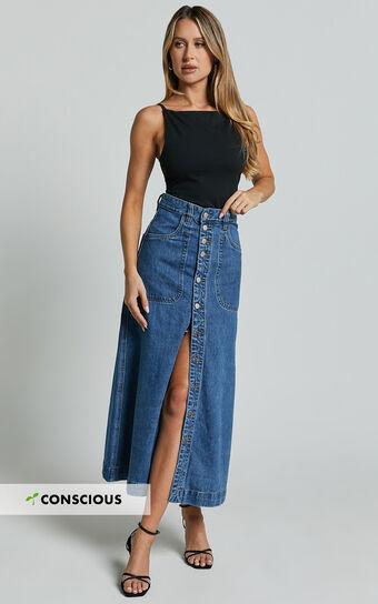 Alisa Midi Skirt - Button Through A Line Denim Skirt in Dark Blue Wash Product Image