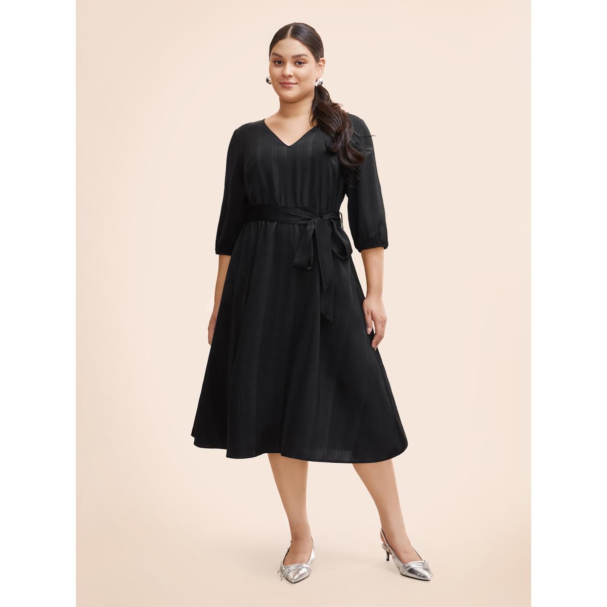 Plus Size Texture Lantern Sleeve Belted Midi Dress Black Women Workwear Essentials Texture V-neck Elbow-length sleeve Curvy BloomChic 26/4X Product Image