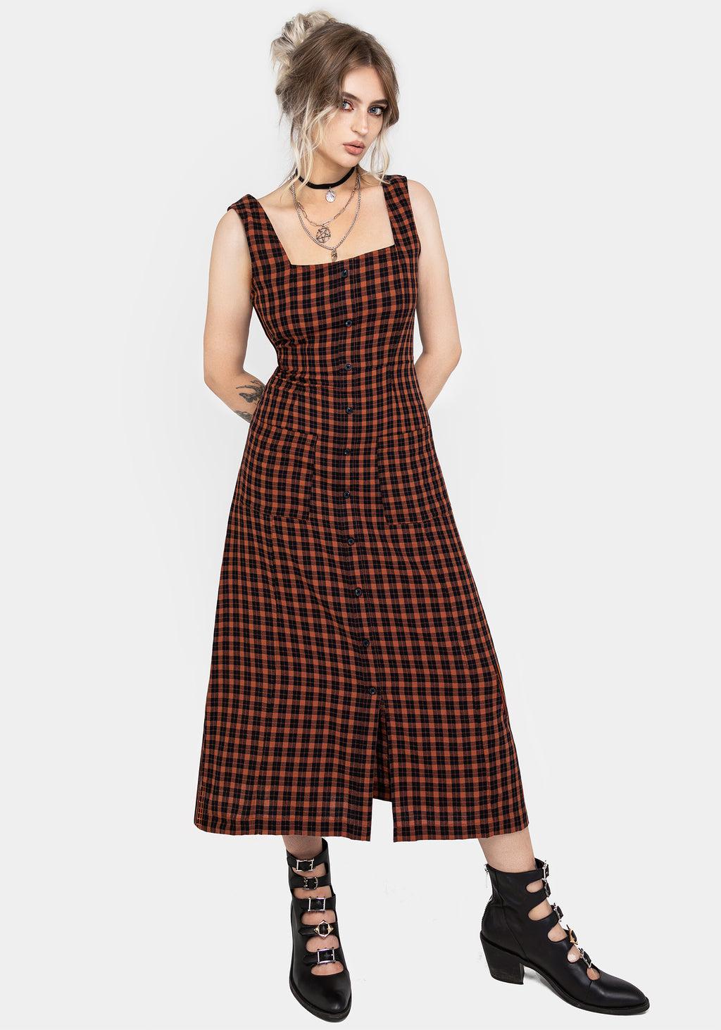 Terra Check Button Up Midaxi Dress - Orange Product Image